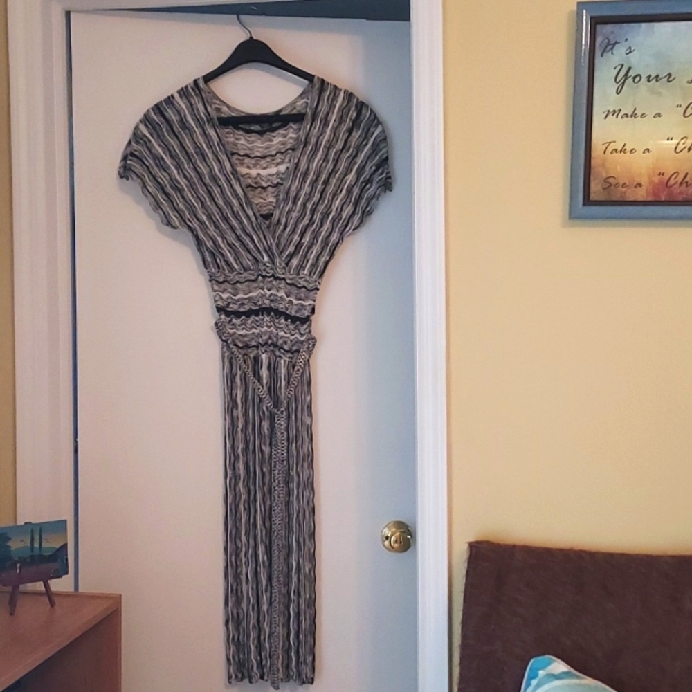 Black and white tea length sheer knit dress, Laundry by Shelli Segal